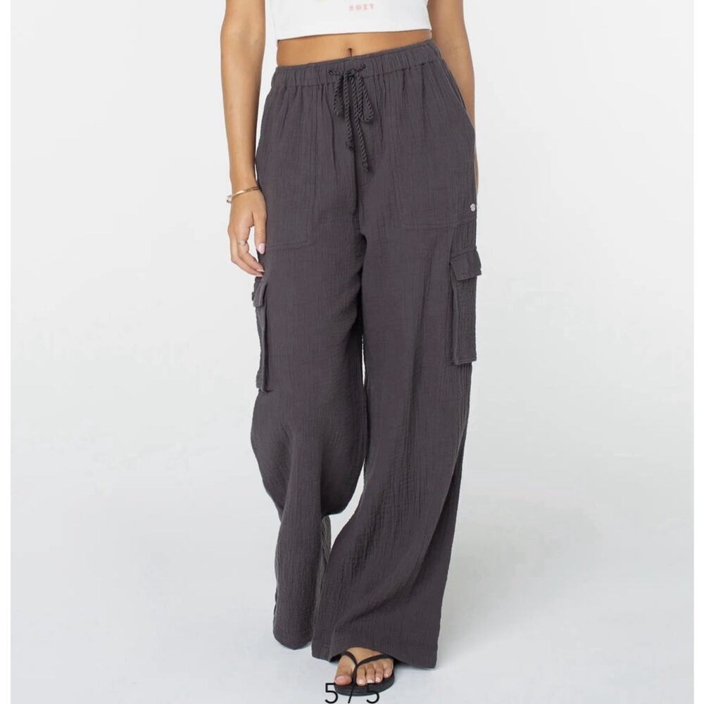 Roxy Precious Cargo Pants Women Medium Gray Cotton Gauze Beach Wide Leg Relaxed